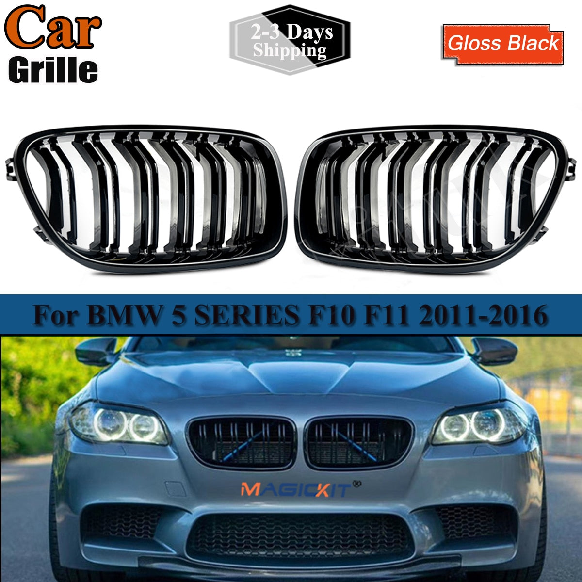 Gloss Black For BMW 5 Series F10 F11 M5 Front Bumper Grills Double