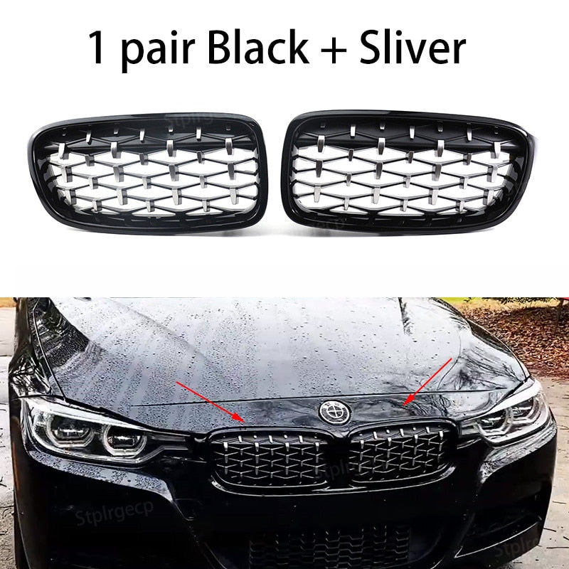 NEW-Glossy Black Dual Slats Front Kidney Grille Chrome Diamond Grill Replacement for BMW 3 series F30 F31 F35 2011-2019