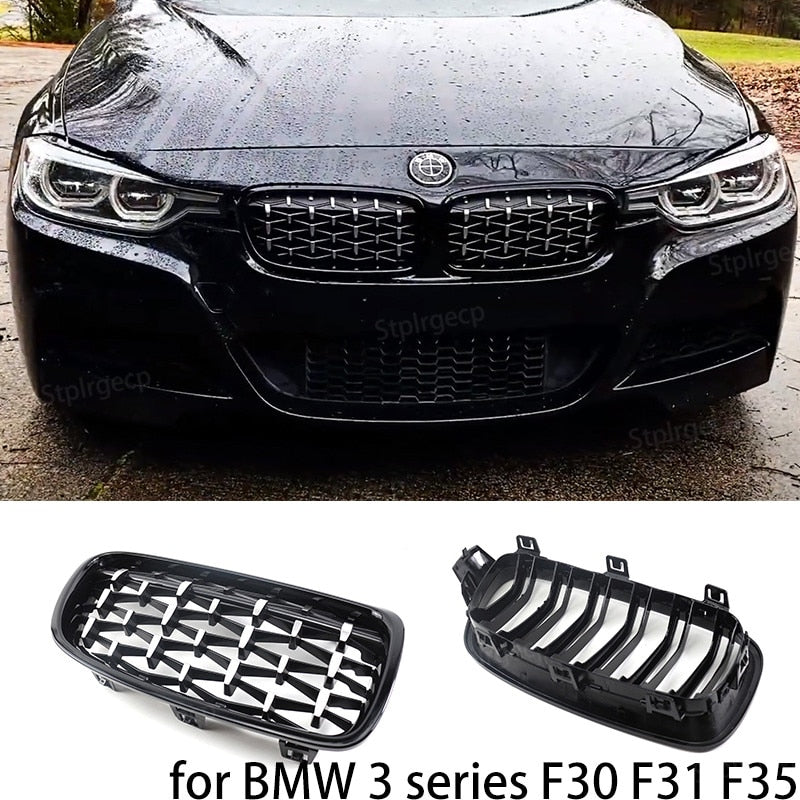 NEW-Glossy Black Dual Slats Front Kidney Grille Chrome Diamond Grill Replacement for BMW 3 series F30 F31 F35 2011-2019